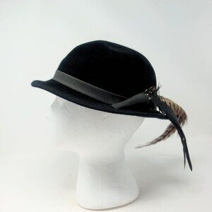 American Vintage Black Wool Felt Cloche Hat with Feather Trim